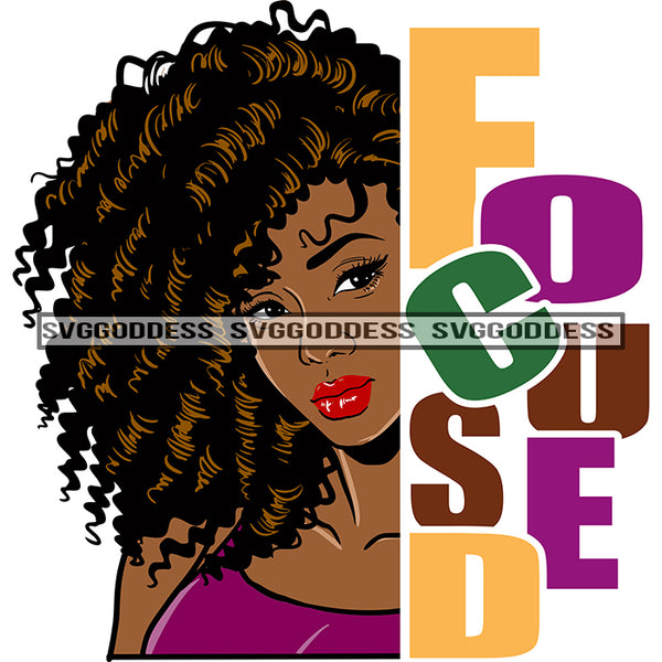 Afro Black Woman Looking Focused Long Curly Brown Hair Purple Top Word Focused  SVG JPG PNG Vector Clipart Cricut Silhouette Cut Cutting