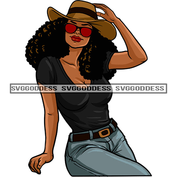 Black Woman In Cowboy Hat Top And Jeans Red Sunglasses SVG JPG PNG Vector Clipart Cricut Silhouette Cut Cutting