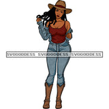 Black Woman In Jean Jacket Tank Top Jeans Cowboy Boots And Hats Long Braids SVG JPG PNG Vector Clipart Cricut Silhouette Cut Cutting