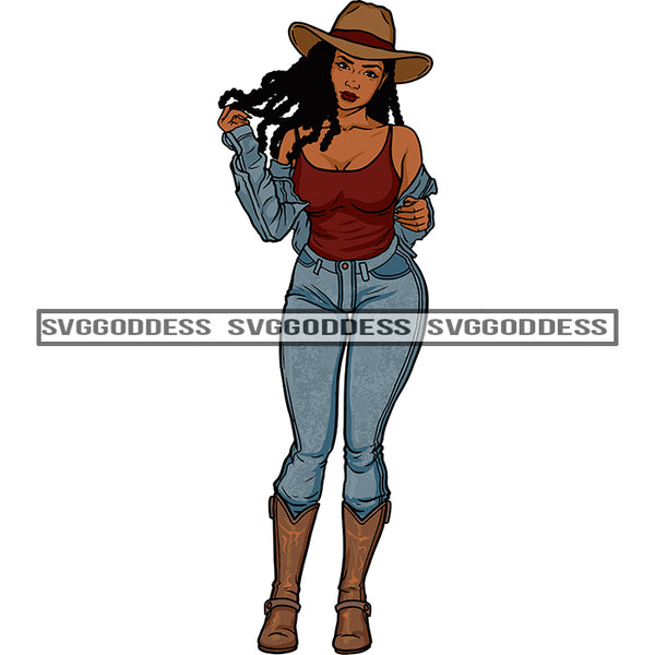 Black Woman In Jean Jacket Tank Top Jeans Cowboy Boots And Hats Long Braids SVG JPG PNG Vector Clipart Cricut Silhouette Cut Cutting