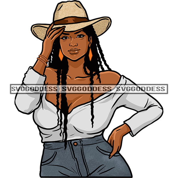 Black Woman In Cowboy Hat Long Braids Gray Top And Gray Jeans SVG JPG PNG Vector Clipart Cricut Silhouette Cut Cutting