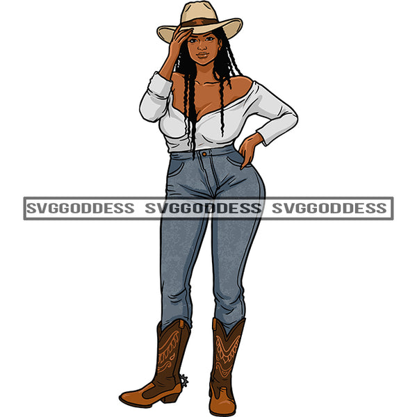 Black Woman In Cowboy Hat Long Braids Gray Top And Gray Jeans Standing SVG JPG PNG Vector Clipart Cricut Silhouette Cut Cutting