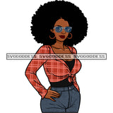 Black Woman Big Afro Plaid Top And Jeans Standing SVG JPG PNG Vector Clipart Cricut Silhouette Cut Cutting