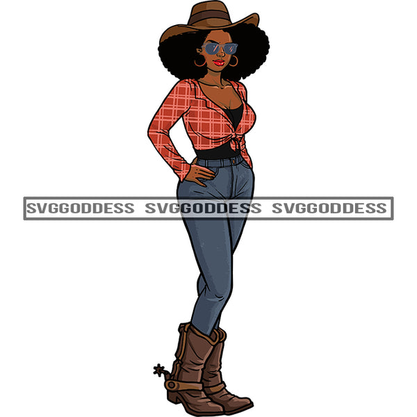 Black Woman In Cowboy Hat  Afro Plaid Top And Jeans Cowboy Boots Standing SVG JPG PNG Vector Clipart Cricut Silhouette Cut Cutting