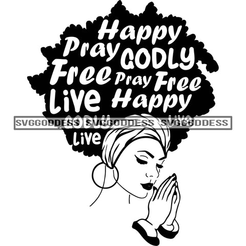 Sister Diva With Words In Hair Praying Happy Headwrap in BW SVG JPG PNG Vector Clipart Cricut Silhouette Cut Cutting