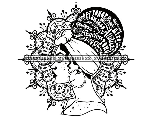 Goddess Black Woman Big Afro Words Of Encouragement In Hair in BW SVG JPG PNG Vector Clipart Cricut Silhouette Cut Cutting