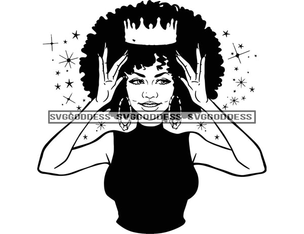 Crowned Black Queen in BW Smiling SVG JPG PNG Vector Clipart Cricut Silhouette Cut Cutting