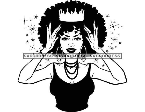 Crowned Black Queen in BW Smiling SVG JPG PNG Vector Clipart Cricut Silhouette Cut Cutting