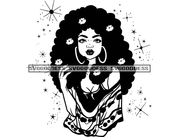 Black Queen in BW Big Afro Flowers In Hair SVG JPG PNG Vector Clipart Cricut Silhouette Cut Cutting