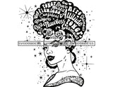 Black Woman Big Afro Words Of Encouragement In Hair Flowered Headband in BW SVG JPG PNG Vector Clipart Cricut Silhouette Cut Cutting