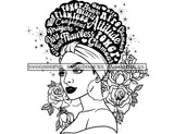 Black Woman Big Afro Words Of Encouragement In Hair Flowered Background in BW SVG JPG PNG Vector Clipart Cricut Silhouette Cut Cutting