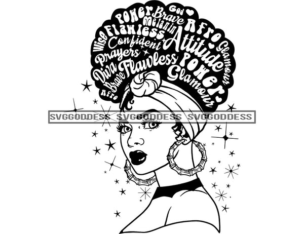 Black Woman Big Afro Words Of Encouragement In Hair Starred Background in BW SVG JPG PNG Vector Clipart Cricut Silhouette Cut Cutting