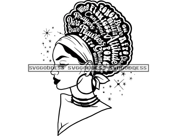 Goddess Black Woman Big Afro Words Of Encouragement In Hair Starred Background in BW SVG JPG PNG Vector Clipart Cricut Silhouette Cut Cutting