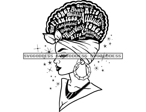 Goddess Black Woman Big Afro Words Of Encouragement In Hair Starred Background in BW SVG JPG PNG Vector Clipart Cricut Silhouette Cut Cutting