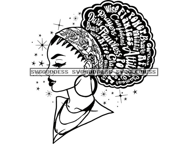 Goddess Black Woman Big Afro Words Of Encouragement In Hair Starred Background in BW SVG JPG PNG Vector Clipart Cricut Silhouette Cut Cutting