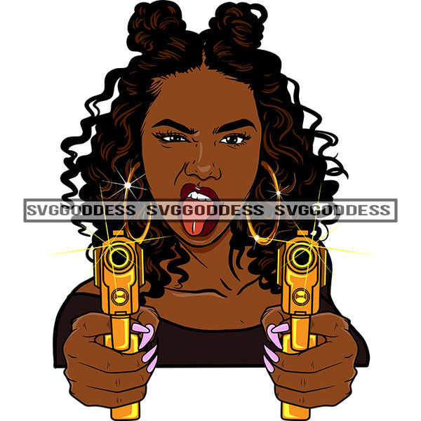 Afro Black Woman With Guns Blazing Long Curly Hair Hood Tongue Out Brown Top Bamboo Earrings  SVG JPG PNG Vector Clipart Cricut Silhouette Cut Cutting