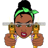 Afro Black Woman With Guns Blazing Green Headwrap Headband Hood  Snarling SVG JPG PNG Vector Clipart Cricut Silhouette Cut Cutting