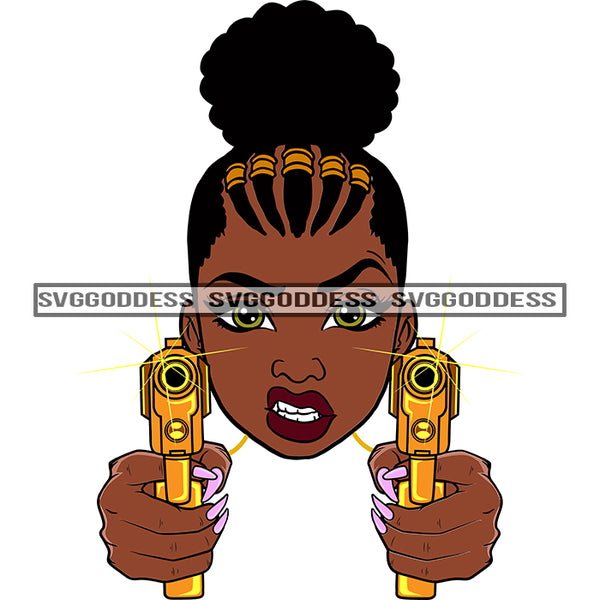 Afro Black Woman With Guns Blazing  Hood  Snarling Braids Hair Bun SVG JPG PNG Vector Clipart Cricut Silhouette Cut Cutting