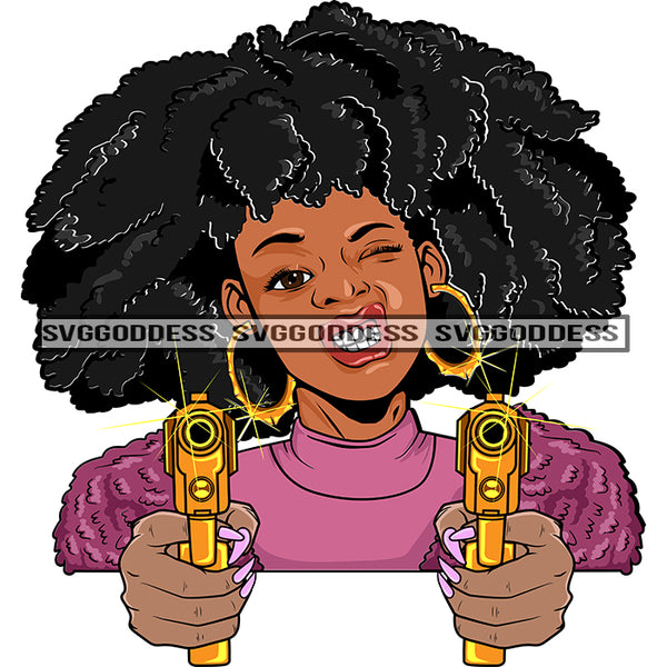 Afro Black Woman With Guns Blazing Big Afro Hood Pink Top Bamboo Earrings  SVG JPG PNG Vector Clipart Cricut Silhouette Cut Cutting
