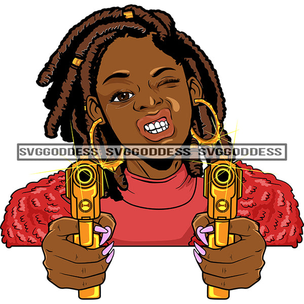 Afro Black Woman With Guns Blazing Locs Hood Teeth Pink Top Bamboo Earrings  SVG JPG PNG Vector Clipart Cricut Silhouette Cut Cutting