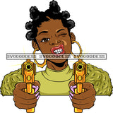 Afro Black Woman With Guns Blazing Afro Puffs Hood Teeth Yellow Top Bamboo Earrings  SVG JPG PNG Vector Clipart Cricut Silhouette Cut Cutting
