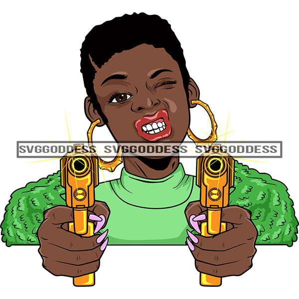 Afro Black Woman With Guns Blazing Short Afro Hair Hood Teeth Green Top Bamboo Earrings  SVG JPG PNG Vector Clipart Cricut Silhouette Cut Cutting