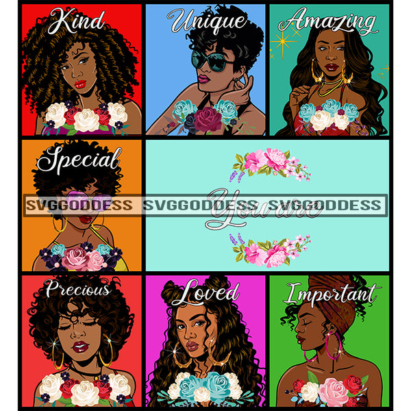 Afro Black Goddess Women 7 Ladies Kind Amazing Special Precious Important Loved Unique SVG JPG PNG Vector Clipart Cricut Silhouette Cut Cutting