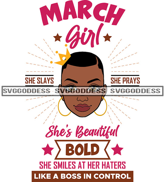 March Birthday Black Afro Woman Girl Bold Short Hair Like A Boss SVG JPG PNG Vector Clipart Cricut Silhouette Cut Cutting