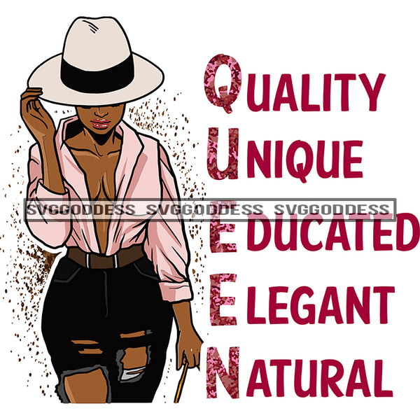 Queen Quality Unique Educated Elegant Natural Afro Woman Pink Blouse Hat Black Jeans SVG JPG PNG Vector Clipart Cricut Silhouette Cut Cutting