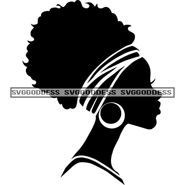 Afro Woman Silhouette Headwrap Earring Sideview Afro Hair Black SVG JPG PNG Vector Clipart Cricut Silhouette Cut Cutting