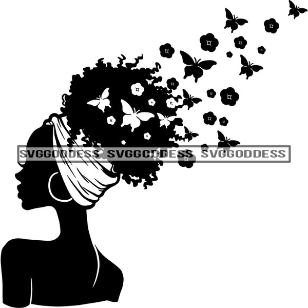 Afro Woman Silhouette Butterflies  Sideview Afro Hair Black Headwrap Black And White SVG JPG PNG Vector Clipart Cricut Silhouette Cut Cutting