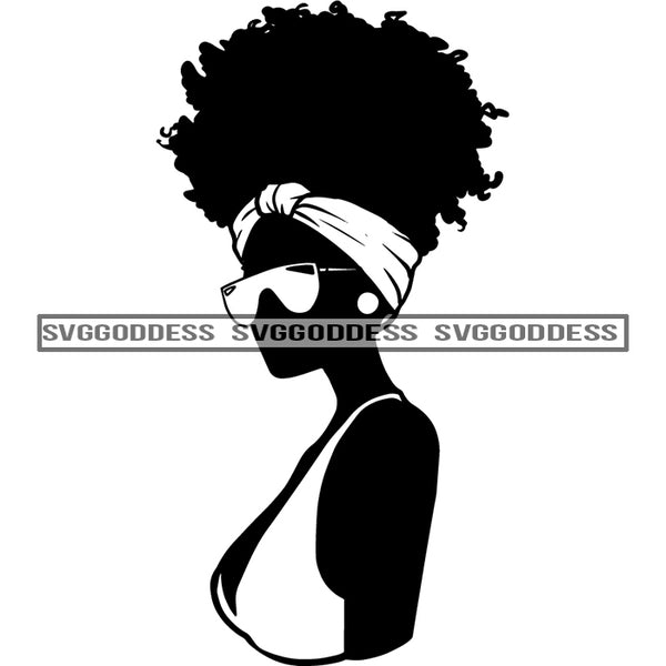 Afro Woman Silhouette Black And White Afro Hair Headwrap Sunglasses SVG JPG PNG Vector Clipart Cricut Silhouette Cut Cutting