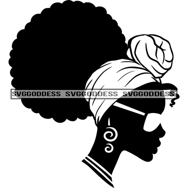 Afro Woman Silhouette Black And White Necklace Hoop Earrings Afro Hair Headwrap Sunglasses SVG JPG PNG Vector Clipart Cricut Silhouette Cut Cutting