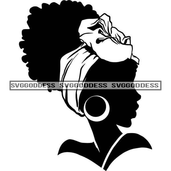 Afro Woman Silhouette Black And White Earrings Afro Hair Headwrap Sideview SVG JPG PNG Vector Clipart Cricut Silhouette Cut Cutting