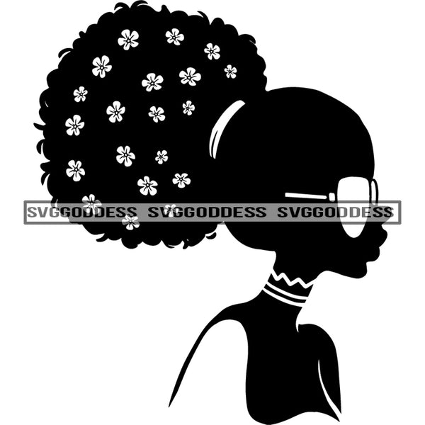 Afro Woman Silhouette Black And White Big Afro Hair Flowers Sunglasses SVG JPG PNG Vector Clipart Cricut Silhouette Cut Cutting