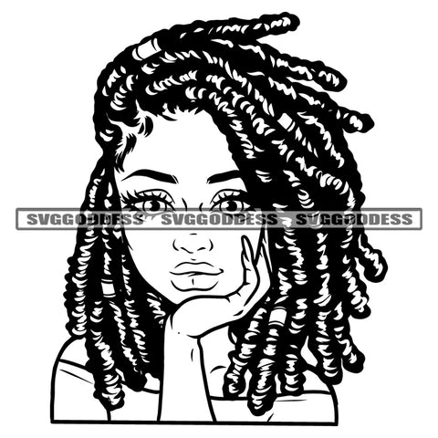 Black And White Young Beautiful Girl Head Design Element BW Melanin Woman Locus Hair Style Cute Face Long Nail White Background Cute Beautiful Face SVG JPG PNG Vector Clipart Cricut Cutting Files