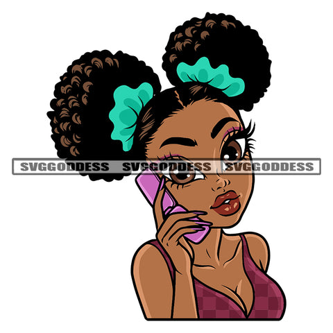 Cute Face African American Girls Holding Phone Puffy Hairstyle Design Element Afro Girls Big Eyes White Background SVG JPG PNG Vector Clipart Cricut Silhouette Cut Cutting
