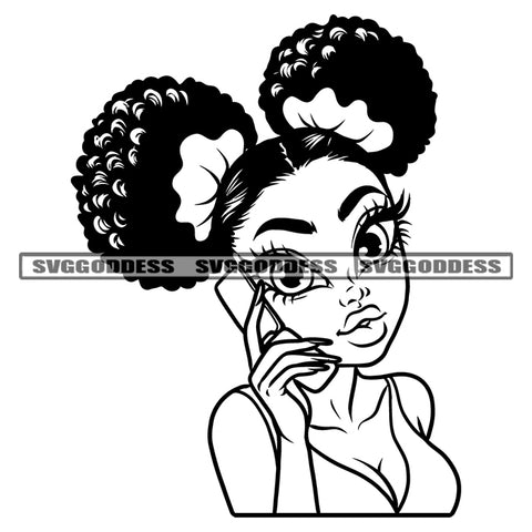 Black And White Cute Face African American Girls Holding Phone Puffy Hairstyle Design Element Afro Girls Big Eyes White Background SVG JPG PNG Vector Clipart Cricut Silhouette Cut Cutting
