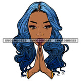 Hard Praying Woman Hand Pose Afro Woman Blue Color Curly Hairstyle Design Element White Background SVG JPG PNG Vector Clipart Cricut Silhouette Cut Cutting