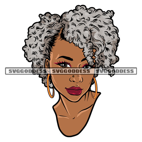 Melanin Woman White Afro Hair Style Design Element White Background Beautiful Face Wearing Boom Ear Ring Sexy Pose SVG JPG PNG Vector Clipart Cricut Cutting Files