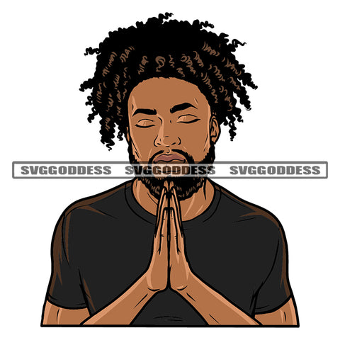 Gangster African American Man Hard Praying Hand Afro Short Hair Style Design Element Afro Man Close Eyes White Background SVG JPG PNG Vector Clipart Cricut Silhouette Cut Cutting