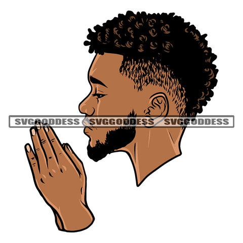 African American Man Hard Praying Hand Side Face Design Element Afro Man Close Eyes Curly Short Hairstyle White Background SVG JPG PNG Vector Clipart Cricut Silhouette Cut Cutting