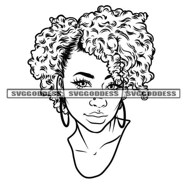Black And White Melanin Woman White Afro Hair Style BW Design Element White Background Artwork Beautiful Face Wearing Boom Ear Ring Sexy Pose SVG JPG PNG Vector Clipart Cricut Cutting Files