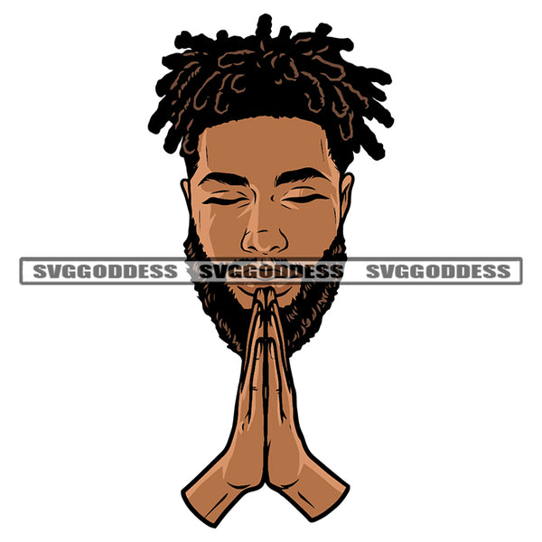 African American Man Hard Praying Hand Design Element Afro Man Close Eyes Curly Short Hairstyle White Background SVG JPG PNG Vector Clipart Cricut Silhouette Cut Cutting