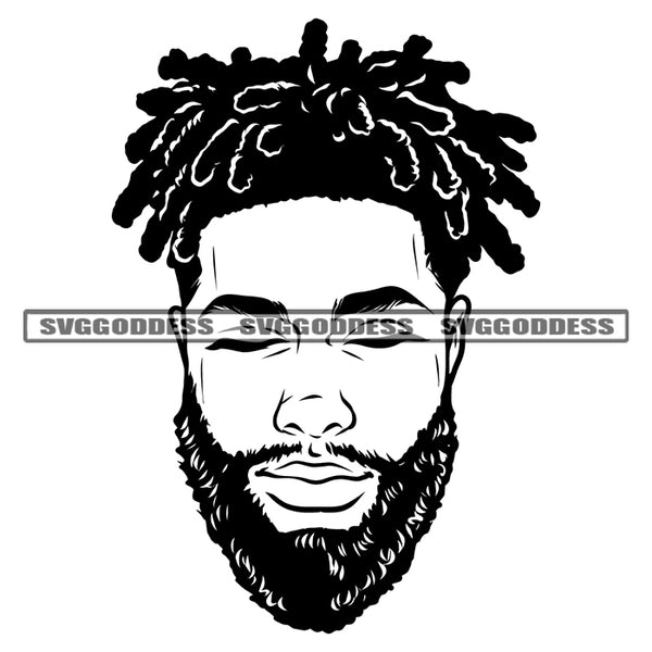 Black And White African American Man Face Design Element Afro Man Close Eyes Locus Hairstyle Vector Handsome Man Smile Face BW Design Element SVG JPG PNG Vector Clipart Cricut Silhouette Cut Cutting