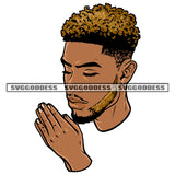 African American Man Hard Praying Hand Design Element Afro Man Close Eyes Curly Short Hairstyle White Background SVG JPG PNG Vector Clipart Cricut Silhouette Cut Cutting