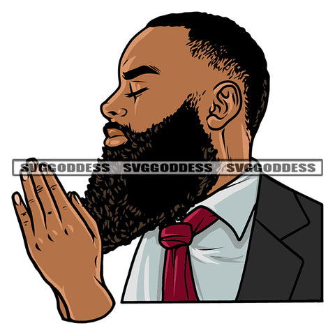 Hard Praying African American Man Close Eyes Business Man Close Wearing Coat Vector White Background Long Bard Stylish SVG JPG PNG Vector Clipart Cricut Silhouette Cut Cutting