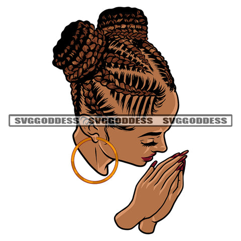 Melanin Woman Head Design Element Hand Hard Praying Vector Afro Hair Style White Background Color Artwork Side Face Wearing Boom Ear Ring Close Eye SVG JPG PNG Vector Clipart Cricut Cutting Files