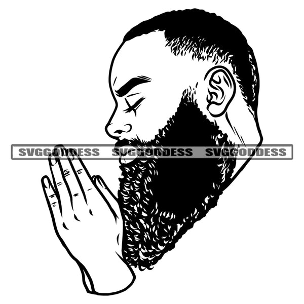 Black And White Hard Praying Hand African American Man Close Eyes Business Man Close Wearing Coat Vector White Background Long Bard Stylish SVG JPG PNG Vector Clipart Cricut Silhouette Cut Cutting