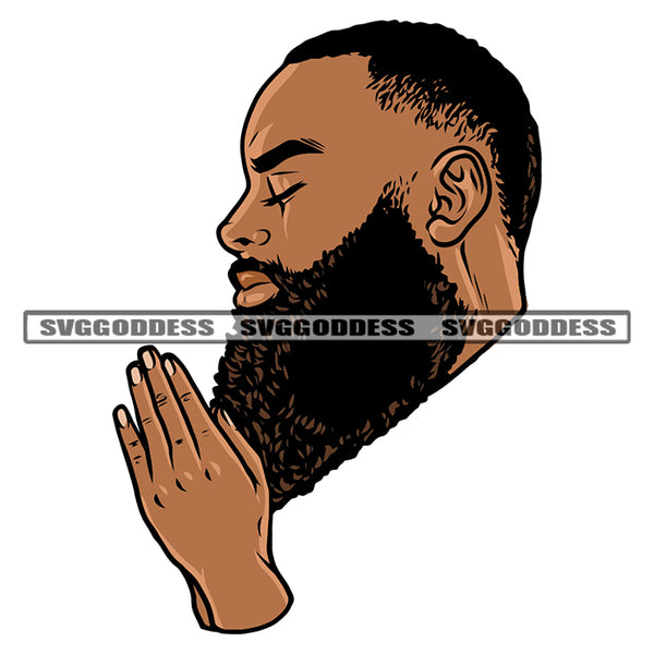 Hard Praying Hand African American Man Close Eyes Business Man Close Wearing Coat Vector White Background Long Bard Stylish SVG JPG PNG Vector Clipart Cricut Silhouette Cut Cutting